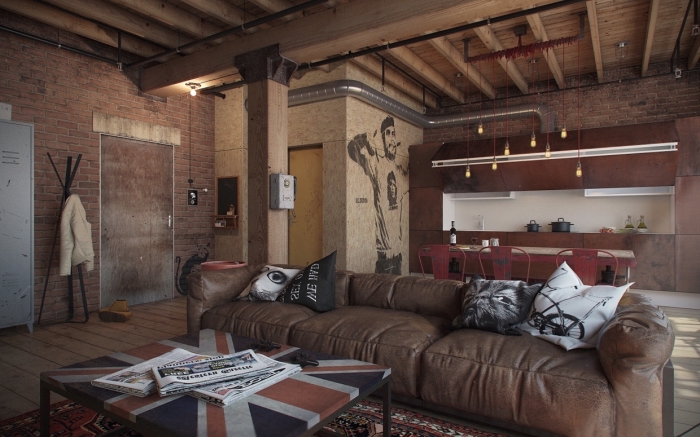 comment décorer une pièce loft industriel, meubles de salon avec canapé en cuir marron et table basse