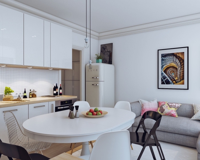 inspiration scandinave, cuisine blanches avec meubles hauts sans poignées, canapé gris au design scandinave
