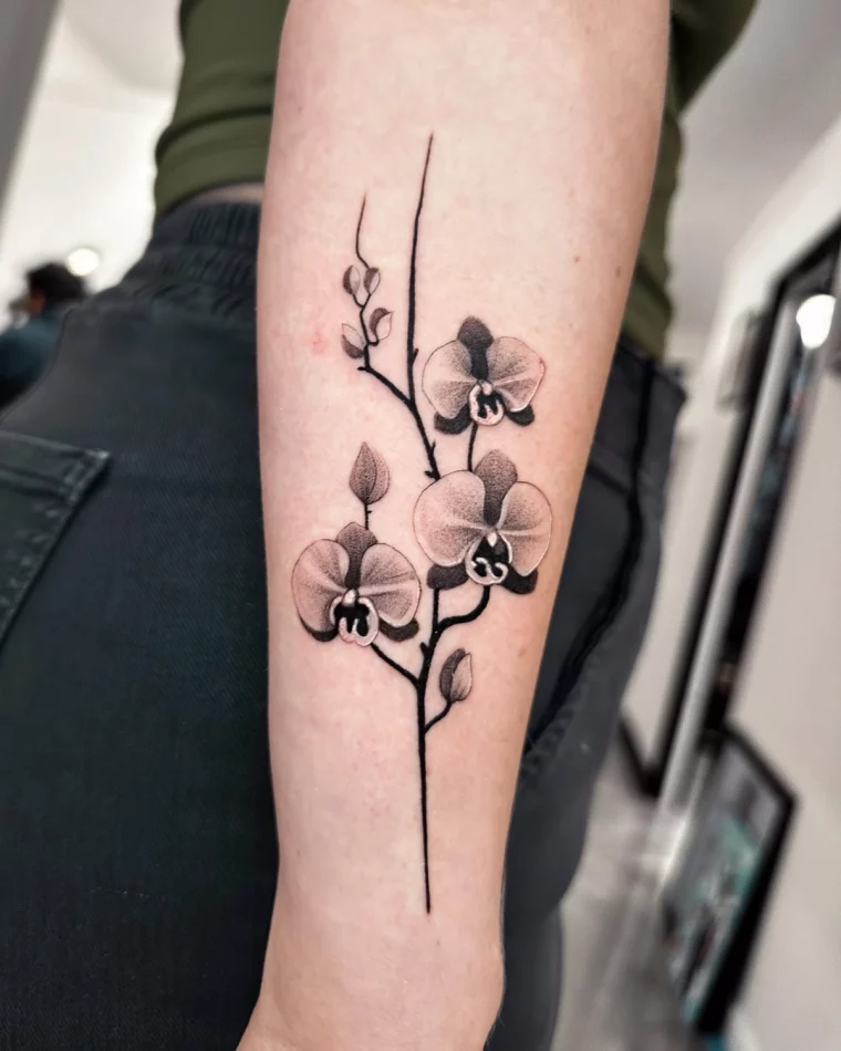 tatouage avant bras femme tige florale petales bourgeons realiste