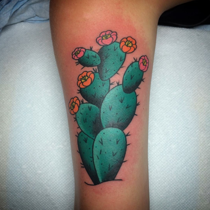 tatouage bras femme, tatouage coloré, cactus feluri avec des fleurs roses et oranges