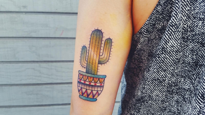 tatouage bras femme, cactus en pot coloré, tatouage au bras en plusieurs couleurs