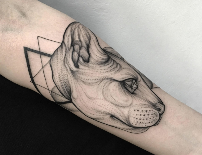 tatouage géométrique chat, avant-bras tatoué, dessin de chat sphynx, technique dot