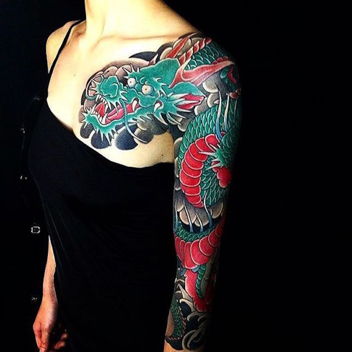 tatouage bras entier femme dragon japon