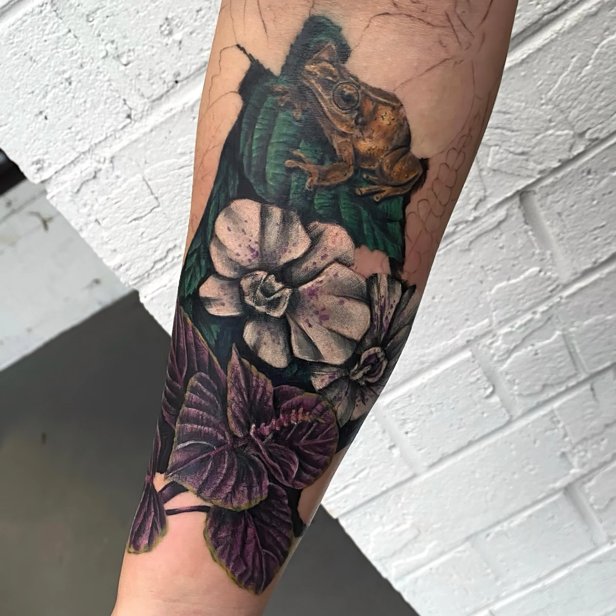 tatouage en couleur bras homme motifs nature feuilles grenouille