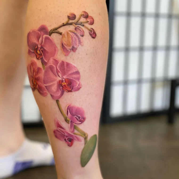 tatouage fleur couleur tige orchidee petales roses feuille verte