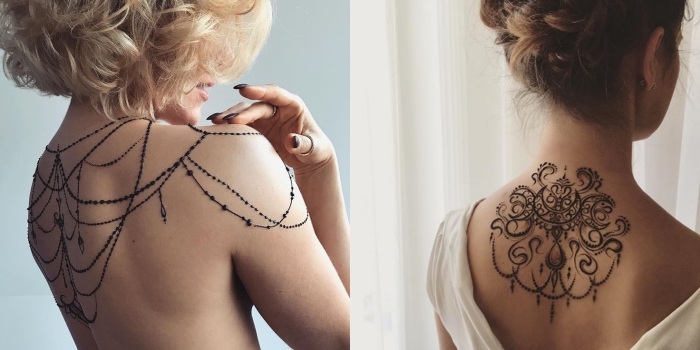 motif henné, tatouage temporaire sur le dos et les épaules à design bijoux en perles noires
