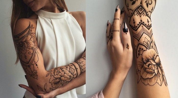 henné tatouage, exemple de tatouage non permanent avec dessin sur les bras et les mains à design florale