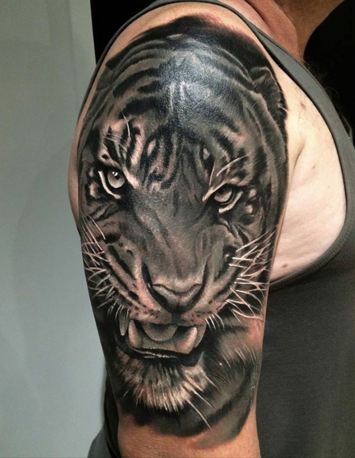 tatouage manchette tigre, tigre design noir, épaule et bras tatoués