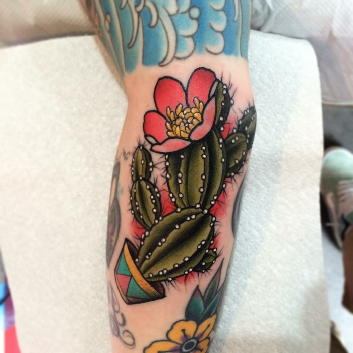 tatouage mollet homme, tatouage coloré cactus fleuri sur le mollet