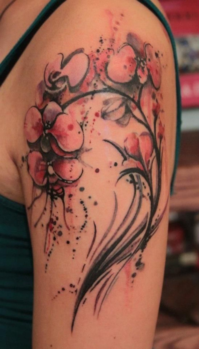 tattoo d'orchidée sur le bras abstrait aquarelle couleurs