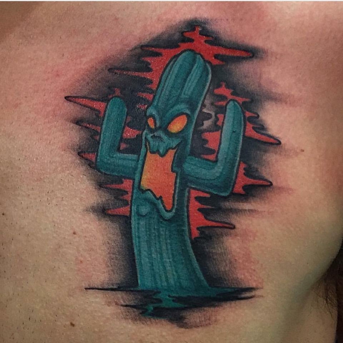 tattoo cactus horrible, une plante en flammes avec mine effrayante
