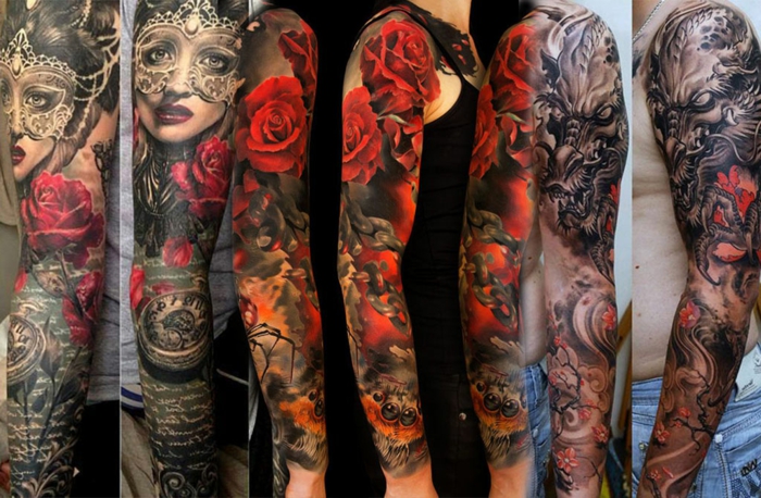 tattoo manchette, tatouages aux jolis motifs, fleurs, visages et êtres mythiques