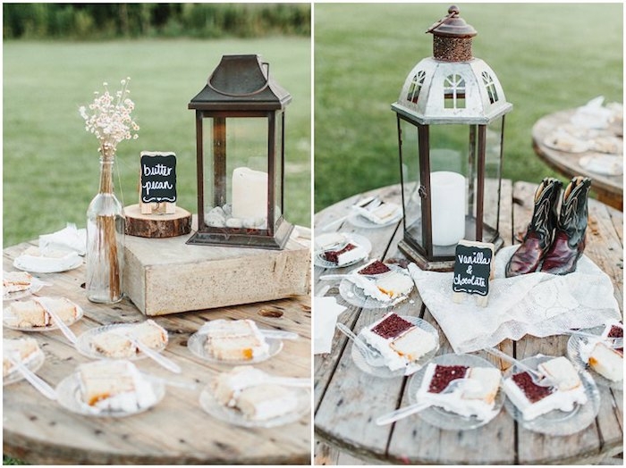 des morceaux de gateau de mariage sur un touret bois, lanternes avec bougies, bouteille avec des herbes séchées et rondin en bois