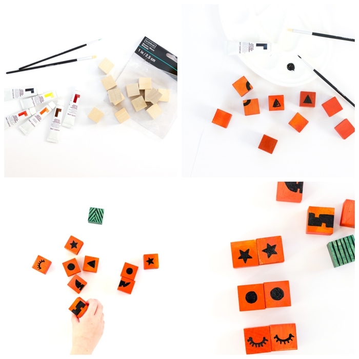 tuto pour fabriquer un puzzle jack o'lanterne de cubes en bois peints en orange et décorés au feutre noir, idée d'activiter manuelle d'halloween éducative