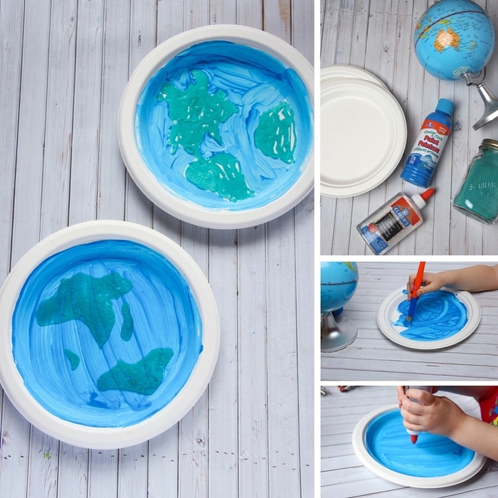 une activité manuelle maternelle éducative et amusante pour célébrer la journée de la terre en dessinant la planète terrestre sur une assiette en carton