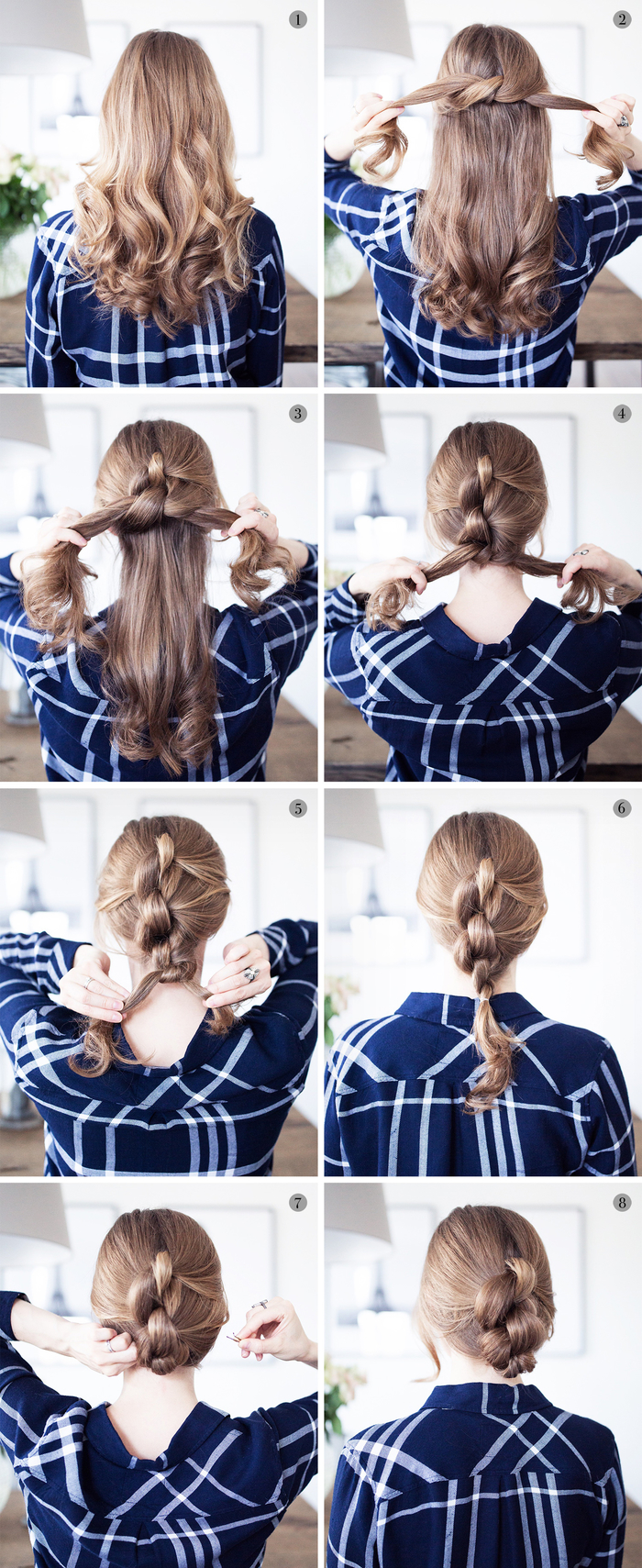 tuto-chignon-facile-tressé-cheveux-à-pointes-bouclées-tresse-avec-mèches-torsadées-chemise-à-carreaux un chignon facile à réaliser pour un effet cheveux tressés relevés