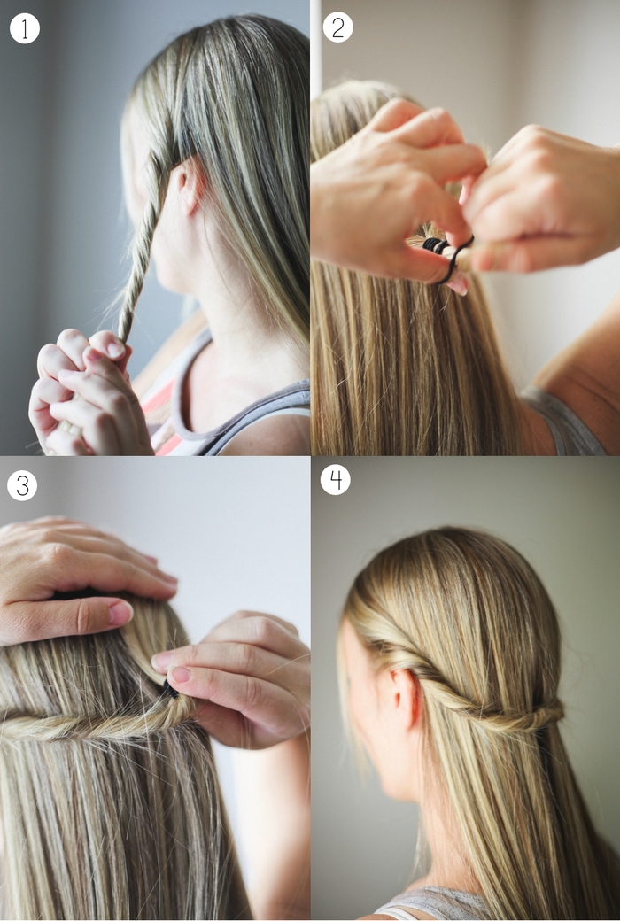 tuto-coiffure-tresse-mini-mèches-torsadées-attachées-en-arrière-coiffure-boheme-facile une coiffure simple et rapide avec deux mèches torsadées attachées en arrière pour magnifier une longue crinière lisse