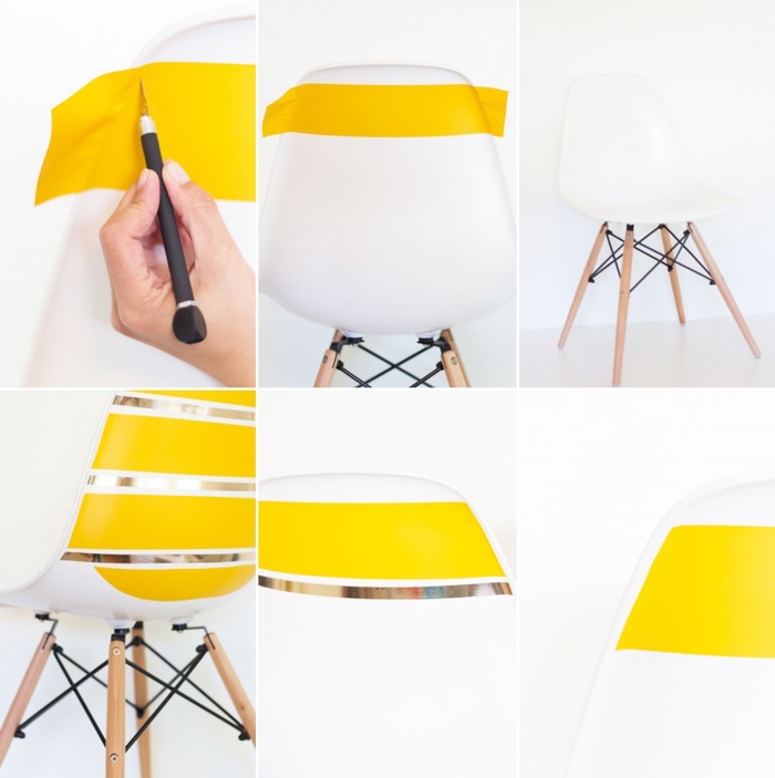 tuto facile pour relooker des chaises blanches à l'aide du ruban vinyle jaune fluo et or