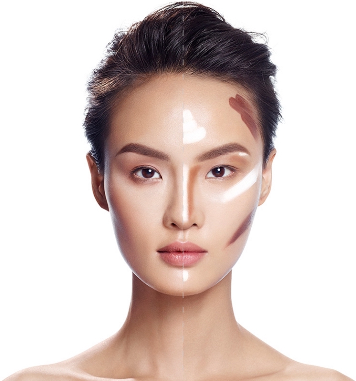 contouring maquillage, maîtriser les techniques de maquillage base avec highlights, femme aux cheveux brun et yeux marron