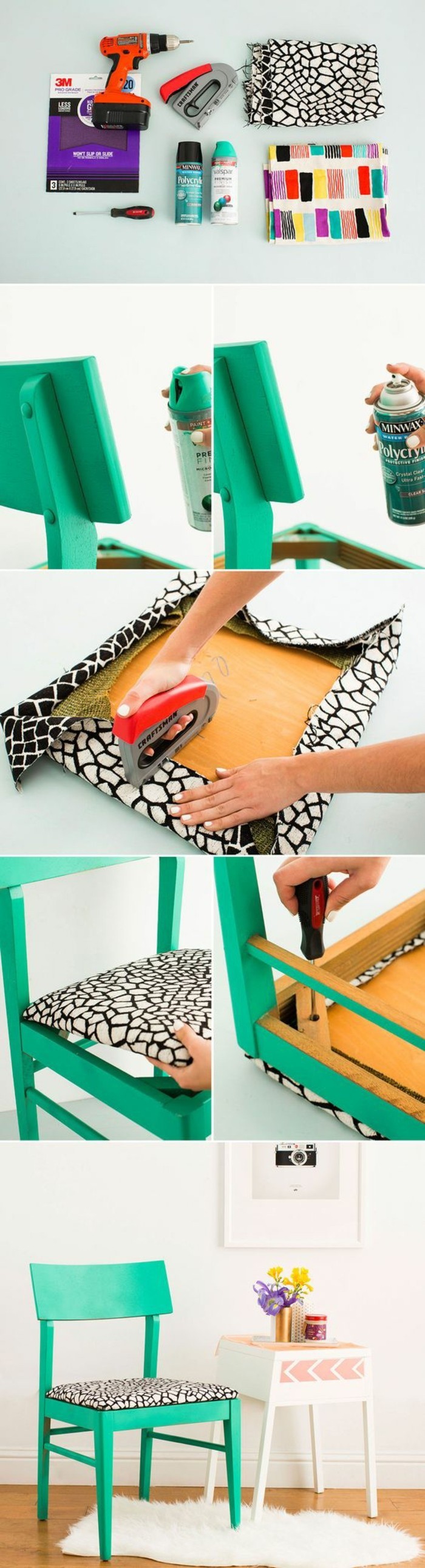 restaurer une chaise chinée à quelques coups de peinture verte, siège revêtu de tissu imprimé en noir et blanc 