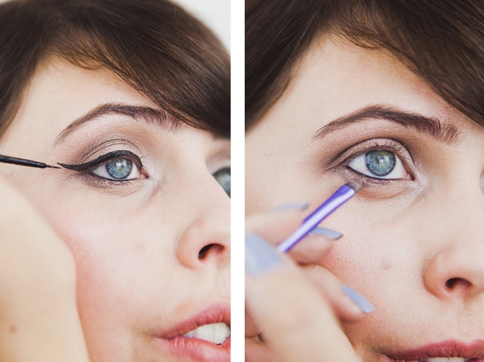 conseils maquillage, comment appliquer un eye-liner noir liquide, maquillage yeux bleus avec ombres marron et eye-liner noir