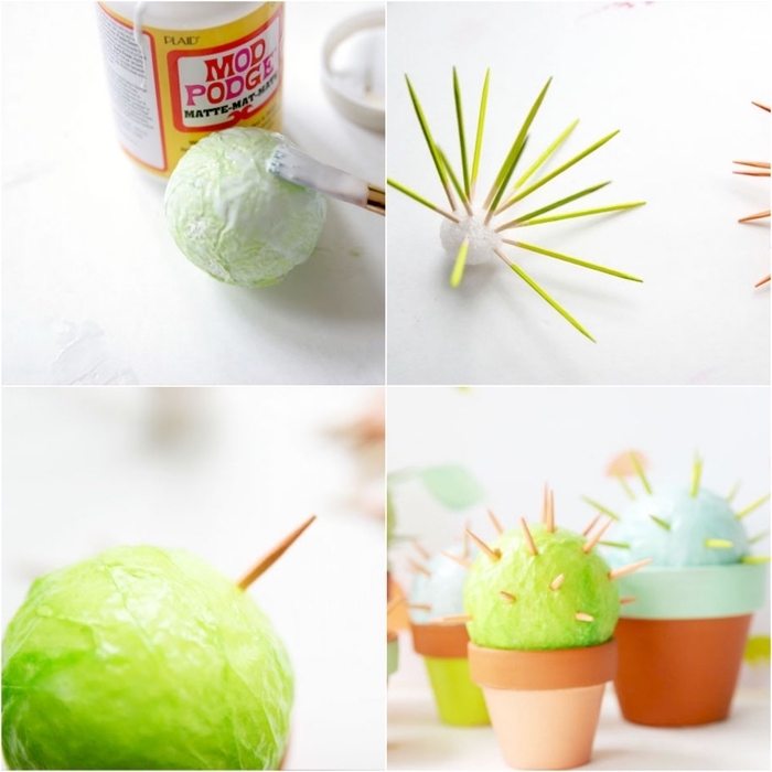 idée bricolage amusant pour confectionner des mini-cactus décoratifs en boules de polystyrène et cure-dents