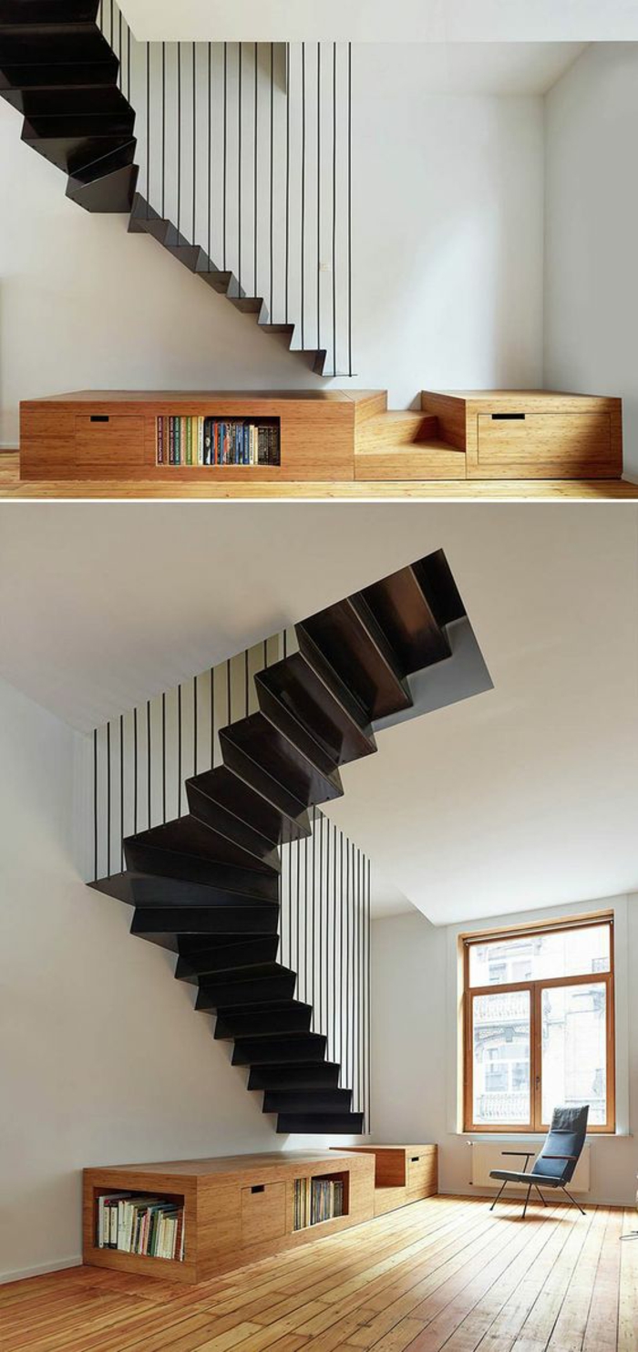 escalier design entièrement en noir, avec base en bois clair, qui sert de petit meuble bibliothèque en forme rectangulaire