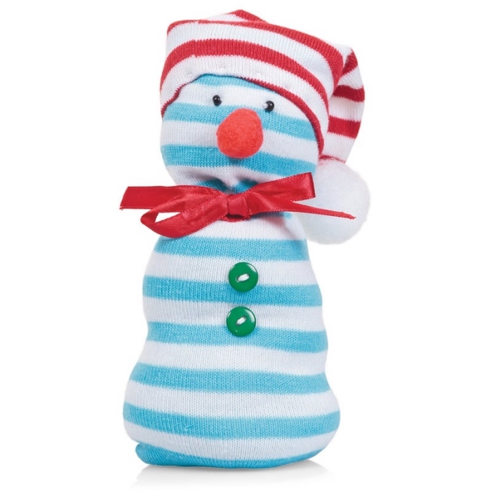 activité manuelle bonhomme de neige, objet décoratif pour Noel à corps rayé en blanc et bleu