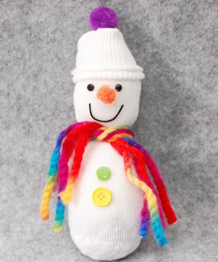 bonhomme de neige en laine, instruction en image pour faire une figurine blanche en chaussette et fils