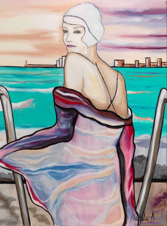 artiste contemporain Nathalie Archambeau avec une oeuvre en teintes pastels avec du rouge ici et là, femme avec robe au dos nu qui contemple la mer