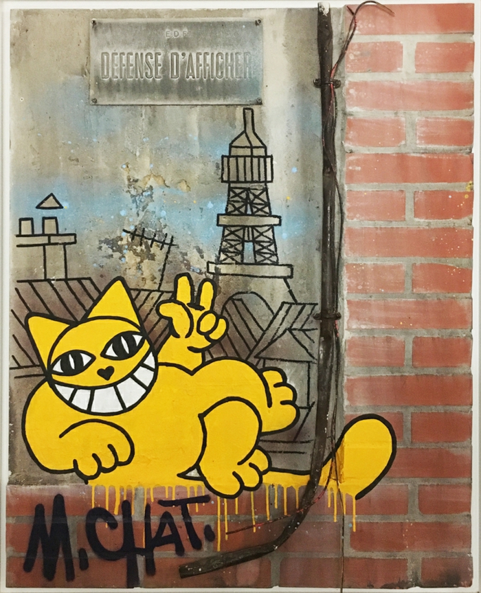 artiste contemporain M. Chat, oeuvre avec le titre Défense d'afficher, une peinture qui imite le style des murs urbains, avec les grafittis