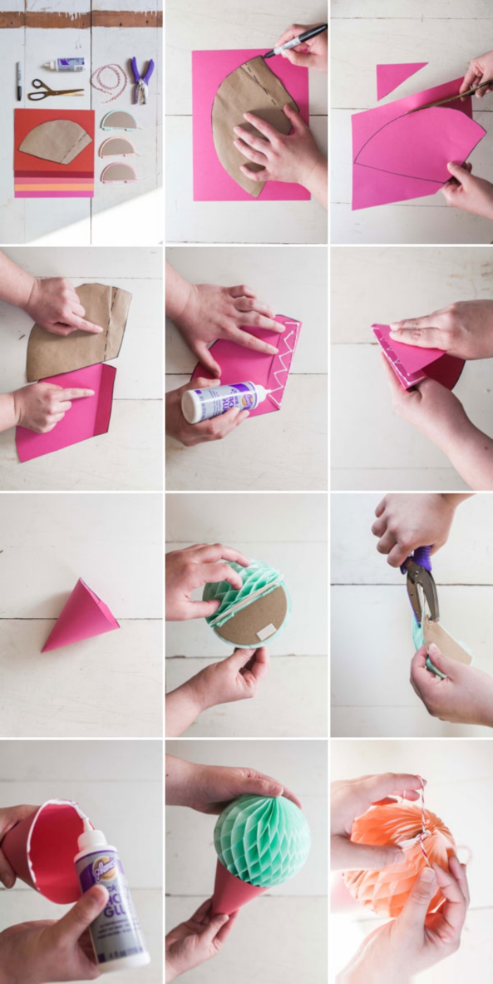 loisir creatif, tutoriel pour fabriquer une décoration de fête à design crème glacée en papier et carton