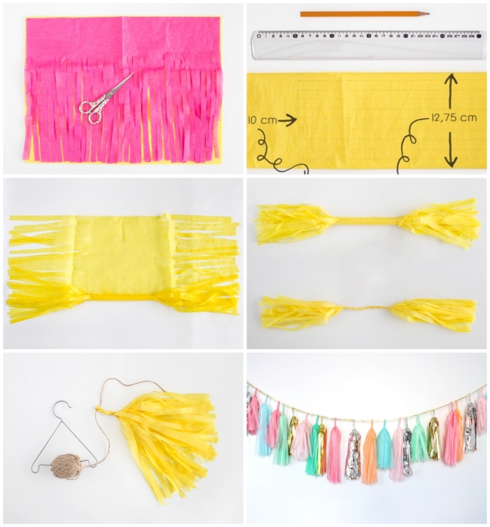 activité créative, tutoriel facile pour faire une déco de fête multicolore en papier de soie rose et jaune