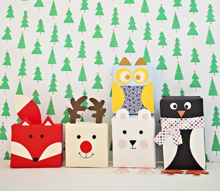 exemple de boite cadeau carton à motif animal, renard, renne, lapin, pingouin et hibou, emballage enfant original