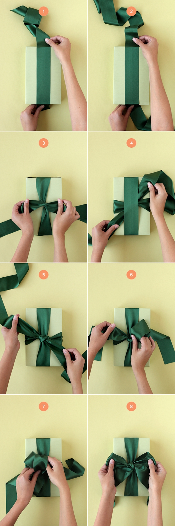 tuto paquet cadeau, idée comment faire un noeud de ruban sur le dessus, el couvercle d une boite verte, étape par étape