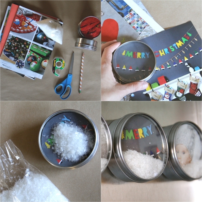 décorations de noë à réaliser soi-même avec des boîtes magnétiques rondes à fond décoré d'image à motif festif