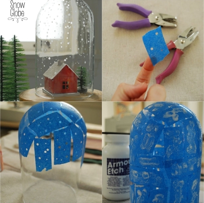 bricolage facile d une grande cloche en verre parsemée de flocons de neige en peinture