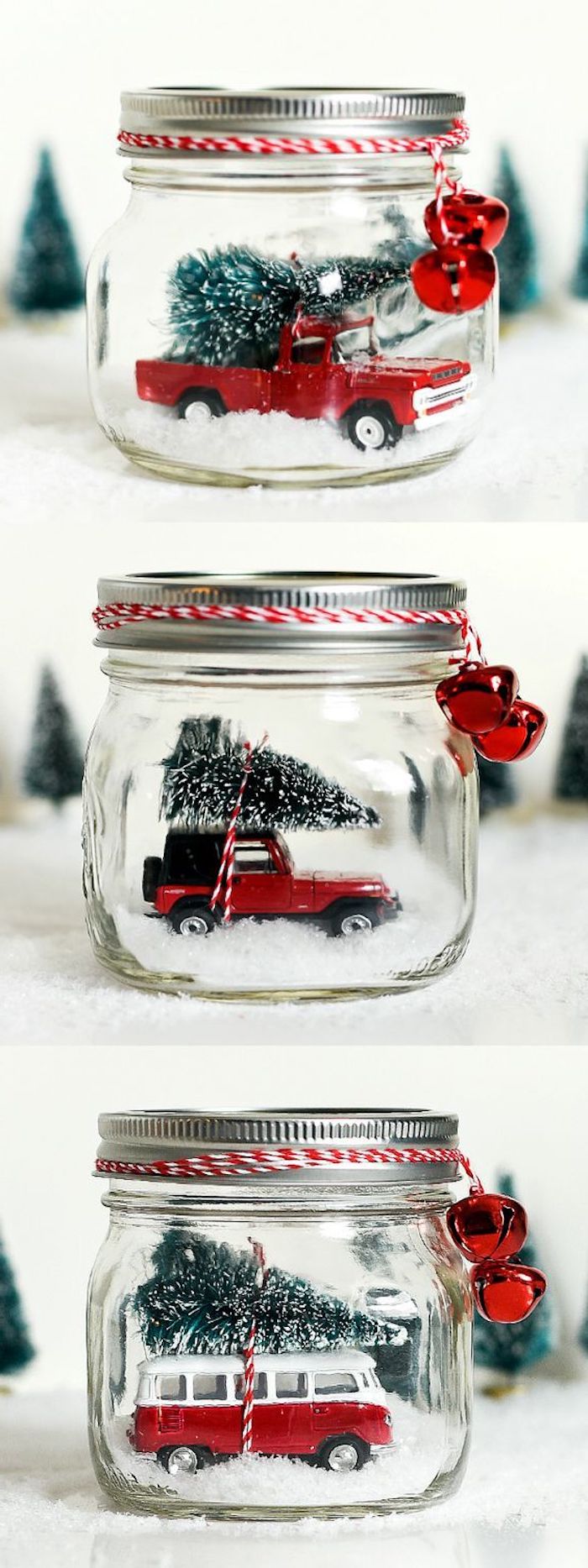 modele de cadeau de noel ado garcon, pot en verre transformé en boule de noel, neige artificilelle, voiture avec figurine sapin de noel