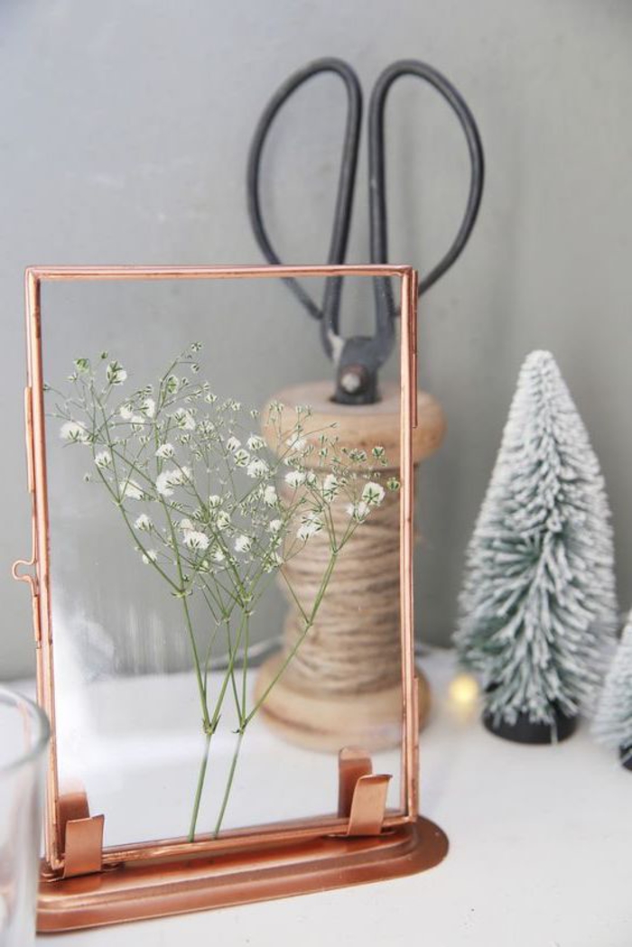 idée pour une composition florale originale sur thème noel avec une fleur sauvage sous verre et un joli cadre vintage en cuivre