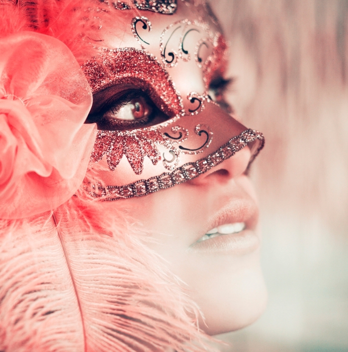 déguisement de carnaval pour femme, masque argenté au glitter rouge et motifs volutes en noir et argent