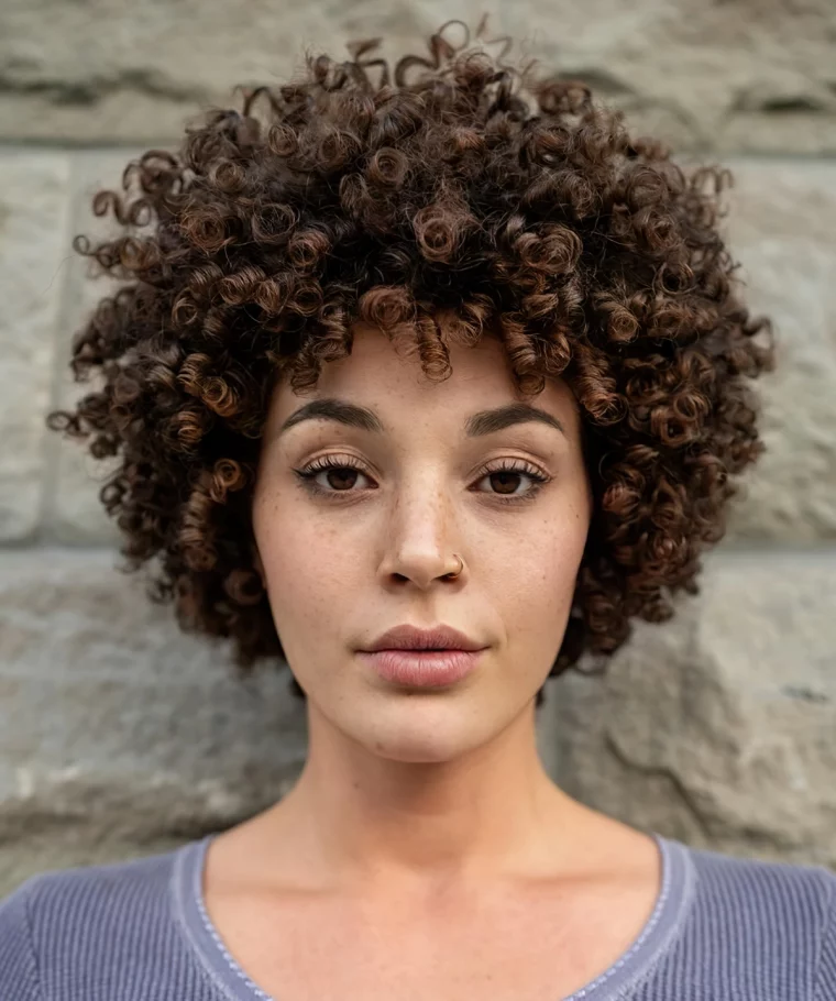 carre court boucle naturel avec micro frange cheveux frises maquillage nude