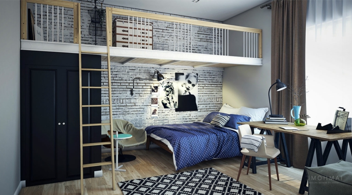 chambre de fille design contemporain, chambre à coucher avec petit espace mezzanine