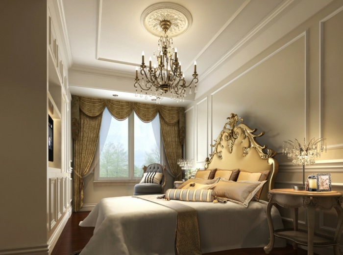 chambre romantique, tête de lit beige, meubles claires, plafonnier magnifique