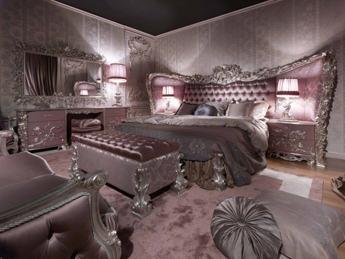 meuble argenté, couleur mauve, meubles victoriens, grand sofa de luxe, banquette de lit satinée
