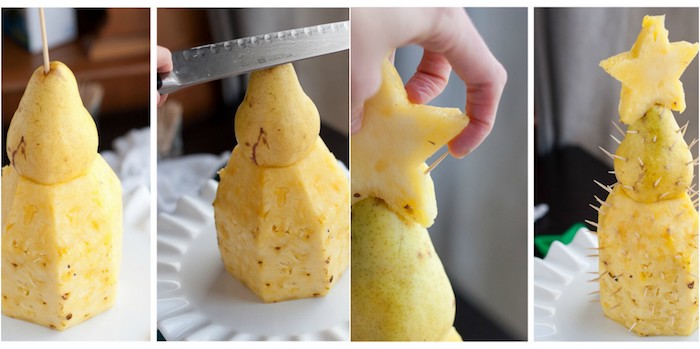 ananas et poire pour la base d un sapin de noel en fruits, idée de dessert leger noel après un repas copieux, activite manuelle noel enfant