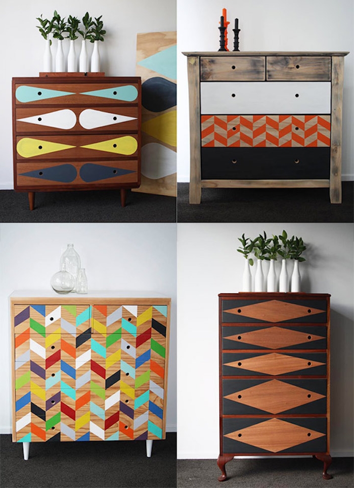 meubles relookés, comment peindre un meuble, à motifs geometriques colorées, idée comment customiser son mobilier