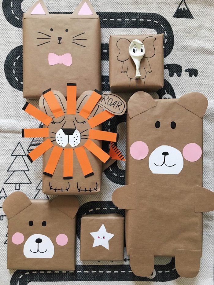 boite emballage cadeau en papier kraft enveloppant boites décorés à motifs animaux, lion, éléphant, chat et oursons
