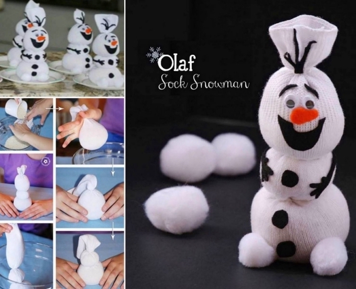 tutoriel pour faire une figurine à design Olaf avec chaussette et coton, projet diy pour les enfants