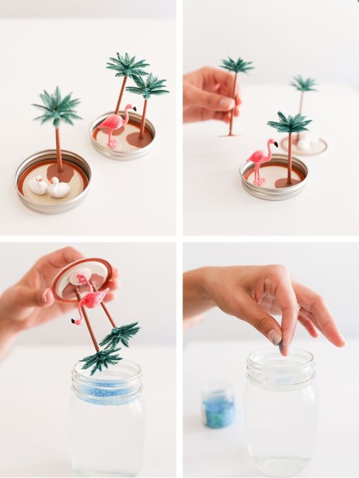 tuto pour réaliser des boules à neige d'été diy à motif tropical, déco noel à faire soi même avec des bocaux en verre recyclés