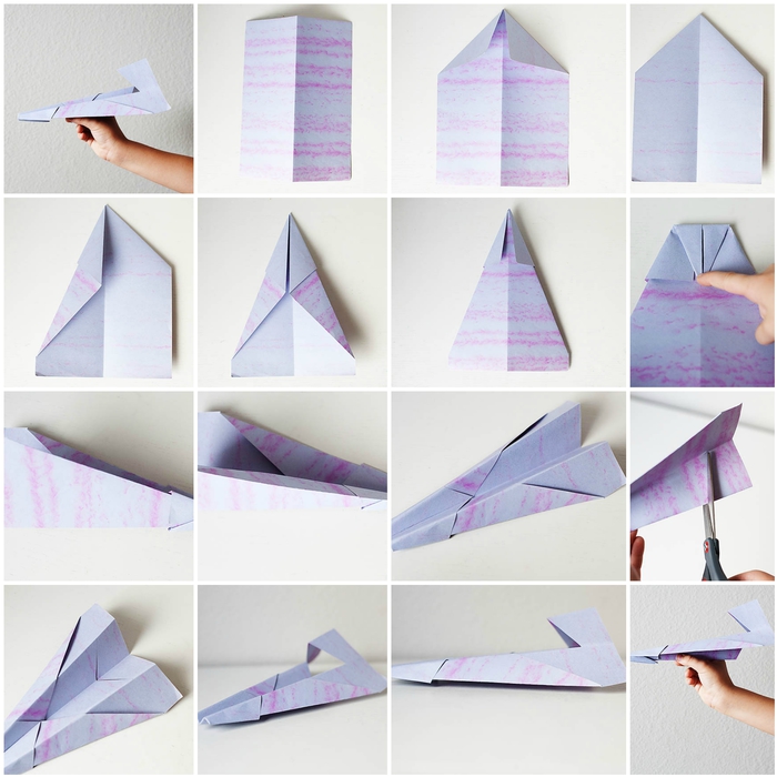 schéma de pliage origami pour plier facilement un avion en papier qui vole très bien 